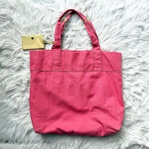 Vintage GAP Red Pink Coral Canvas Tote Bag Yellow Leather Accents Pockets M/L